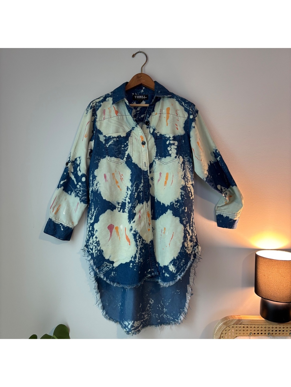 Thrill Jeans Bleached Tie Dye Denim Shirt Dress L Frayed Hem Oversized Shacket